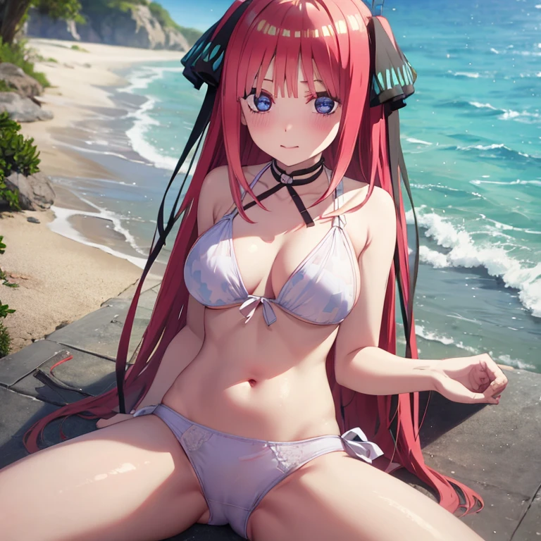 best quality, insanely detailed, nino nakano, , blush, seaside background, looking at viewer, cheerful eyes, arousal, bikini tops, short Underwear, tankini, spread