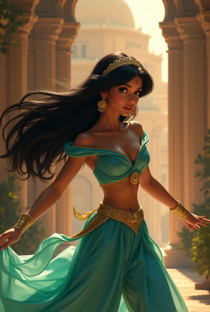 Stunning Princess Jasmine, photo in 8k, in action, cinematic.