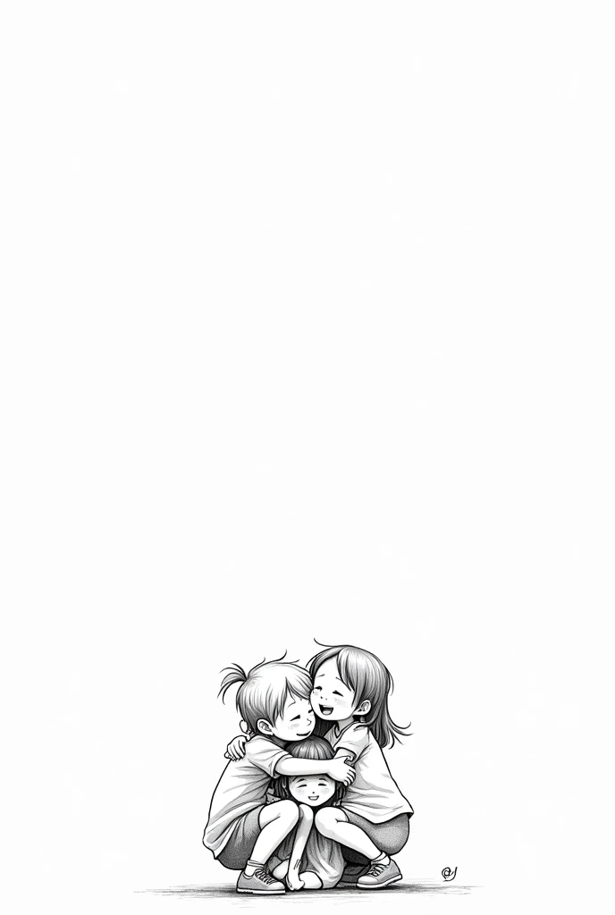 illustration. black and white, 3 children of , hugged, laughing