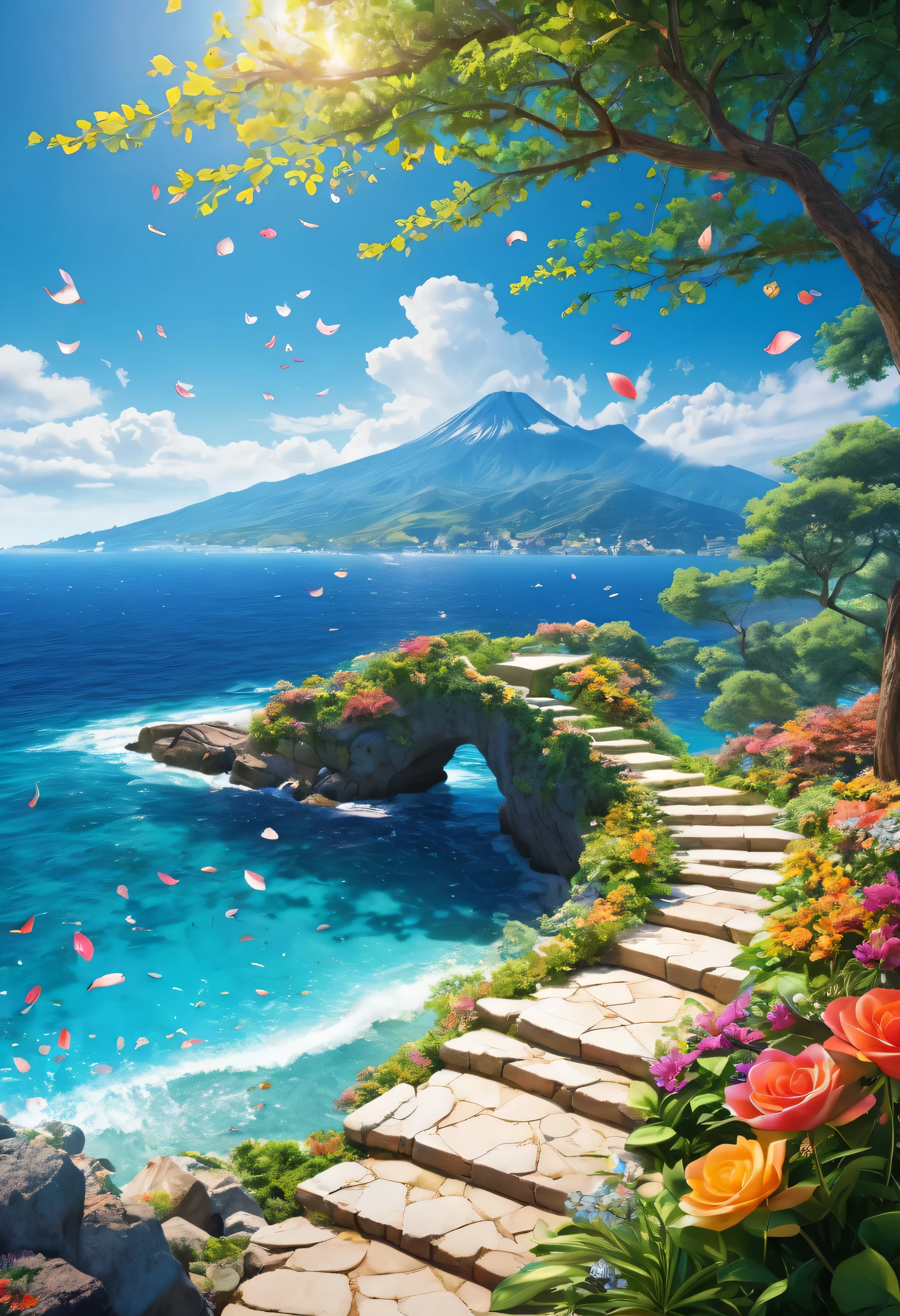 masterpiece, (best quality, 8k wallpaper, Extremely detailed CG unification),(Illustrations of the highest quality),(Highest quality shadows),nature, Blue Ocean, Delicate leaves, Colorful petals falling in the air，Leaving a trail of light, Extremely detailed