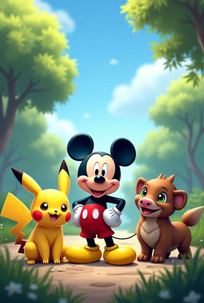 Mickey Mouse Pikatschu evoli and pumba are friends