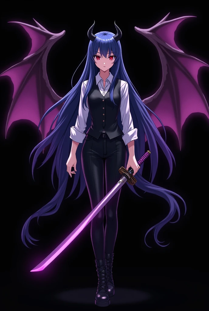 More mature anime style image. An image with a black background. a teenage girl, with long blue hair and red eyes, wore a white dress shirt rolled up to the elbows and a vest, black pants and black boots. Small black horns came out of her hair. A human image, but still diabolical. A dark aura around him ready to kill at any moment along with his serious expression. He used a katana that emanated a dark purple glow around him.. There was a strange glow behind him that gave the shape of wings..