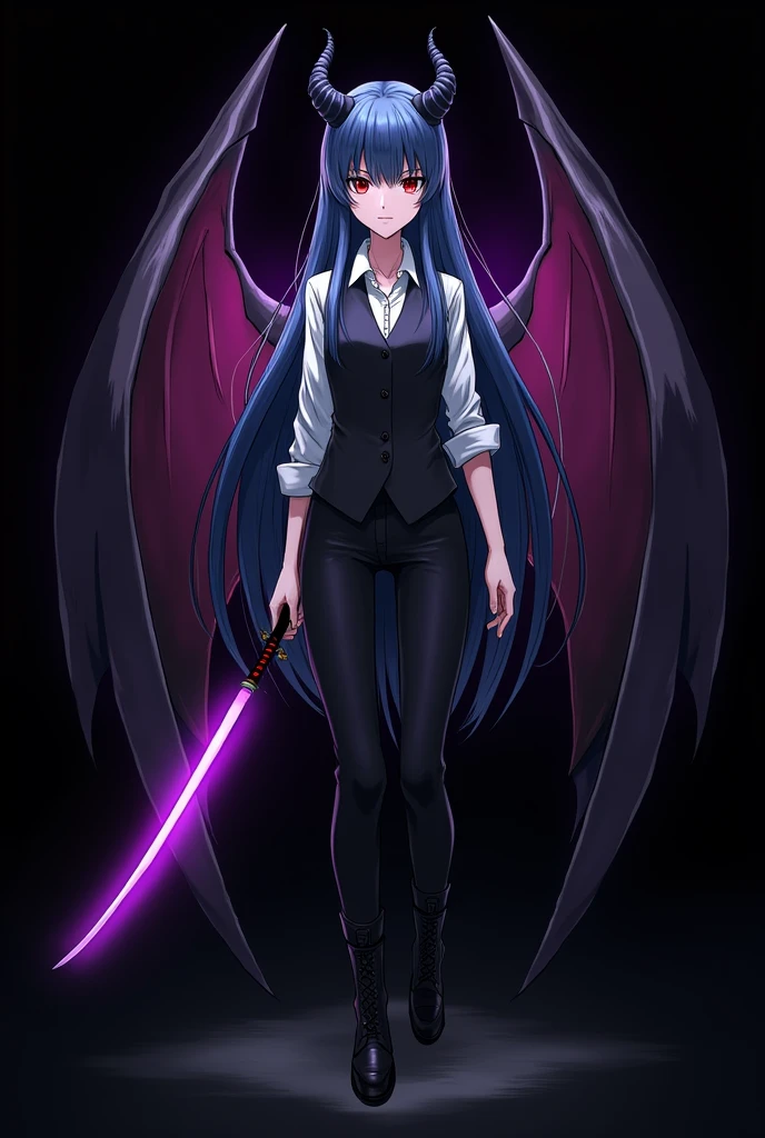 More mature anime style image. An image with a black background. a teenage girl, with long blue hair and red eyes, wore a white dress shirt rolled up to the elbows and a vest, black pants and black boots. Small black horns came out of her hair. A human image, but still diabolical. A dark aura around him ready to kill at any moment along with his serious expression. He used a katana that emanated a dark purple glow around him.. There was a strange glow behind him that gave the shape of wings..