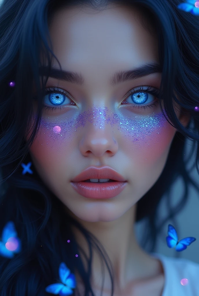 Close-up of a best masterpiece, HD photography, INTENSE SAPPHIRE SKY BLUE EYES only the face of a beautiful Russian woman like Aphrodite, with black hair in waves and sapphire blue eyes as clear as the sky, SAPPHIRE BLUE EYES HIGHLIGHT, Stars of colors in her eyes, with purple and pink glitter on her face, Looking forward in profile, only her face can be seen, In the background a beautiful place with pink sparkles and blue butterflies, the glow of d, LEAVE LET YOUR EYES BE THE THING THAT STANDS OUT THE MOST AND THE ONLY THING THE IMAGE FOCUSES ON with diamond skin and hair part shining to symbolize brilliance. with diamond, mirando de lado de perfil, que sus ojos sean hipnotizantes azul brillante zafiro como diamantes, neblina azul