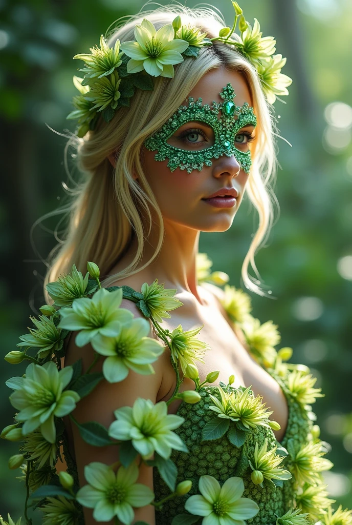 (photorealism:1.2), beautiful blonde woman in green dress, made of beautiful flowers and diamonds, with a green-toned eye mask, everything related to nature and beautiful diamonds