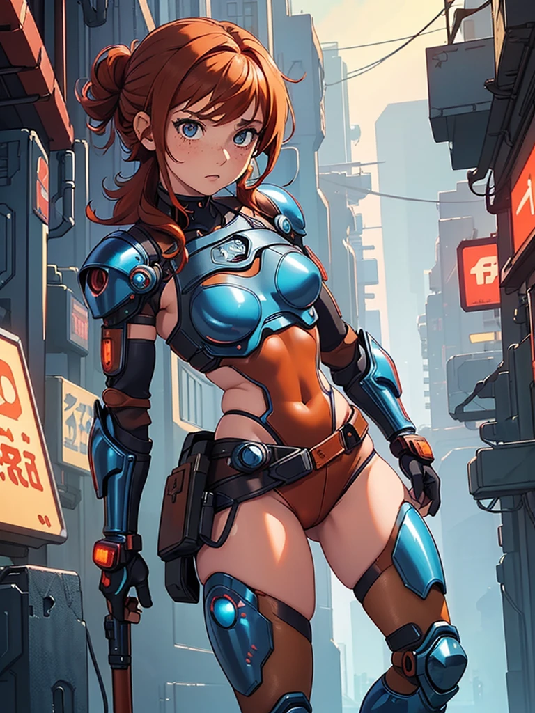 (masterpiece), (best quality), ((one girl)),((red copper hair)),(brown eyes),short hair, curly hair, anime style, freckles, (small breast), (petite figure), legs,(cyberpunk),(blue cyberpunk armor) (full blue body armor),(full leg armor),(almond eyes),(tan skin)