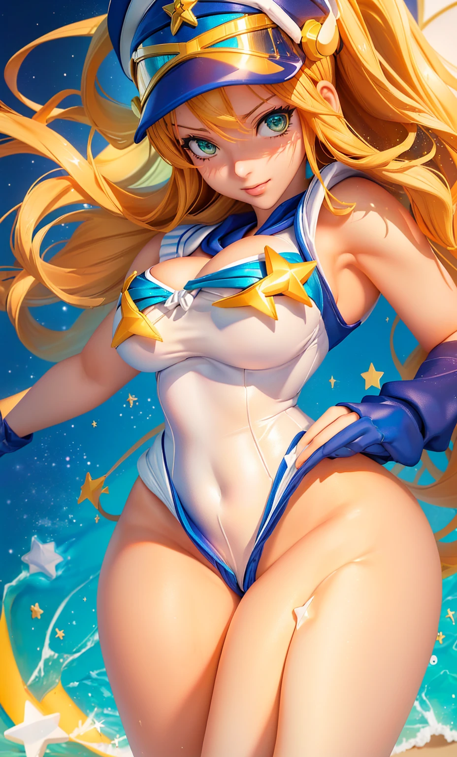 sailor girl in a bikini and hat with stars in the background, nami one piece, nami from one piece, nami, asuka suit under clothes!, lovely brigitte from overwatch, sexy-s 100, the sailor galaxia. beautiful, beautiful portrait of nami, miss fortune, glamorous angewoman digimon, full body zenkai! asuka suit