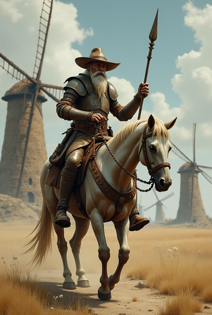 don quixote, skinny old man with white beard, armor and helmet, holding a spear, riding a skinny, sick and tired horse in a place full of windmills.