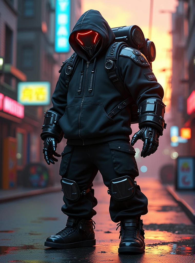 “(Hyper-realistic, 4K, DSLR photo, Octane Render: 1.3) A futuristic cyberpunk mecha in black and green, featuring a bulky backpack, imposing and aggressive stance, wearing a cyberpunk streetwear oversized hoodie, cyber helmet with glowing neon details, mechanical arms with advanced technology, gritty dystopian street environment, dramatic sunset-lit atmosphere, cyberpunk mercenary vibe, highly detailed textures, reflective surfaces, dark urban background with neon signs and graffiti, shadows and highlights perfectly balanced, (photorealism: 1.5), (art of Beeple: 1.4), cinematic composition, intense and moody” (((more detail, enhanced, poakl)))
