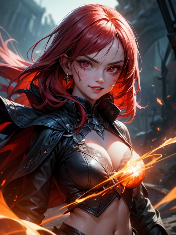 1girl, detailed face, beautiful detailed eyes, beautiful detailed lips, extremely detailed face and eyes, long eyelashes, red eyes, fire witch, blood on face, flying hair, cleavage, navel, wide hips, light particles, lightning rays, colorful, high contrast, vampire, smirk, evil smile, psychopathic smirk, psychopathic smile, tilted head, dark fantasy, dramatic lighting, supernatural, moody, cinematic, vibrant colors, volumetric lighting, dramatic atmosphere, intricate details, masterpiece, best quality, 8k, high resolution, hyper detailed, photorealistic