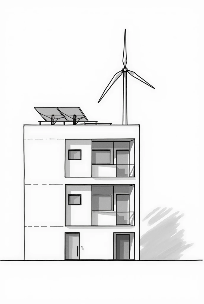 sketch a simple design of apartment house with many doors and with solar panel and windmill black and white lines
