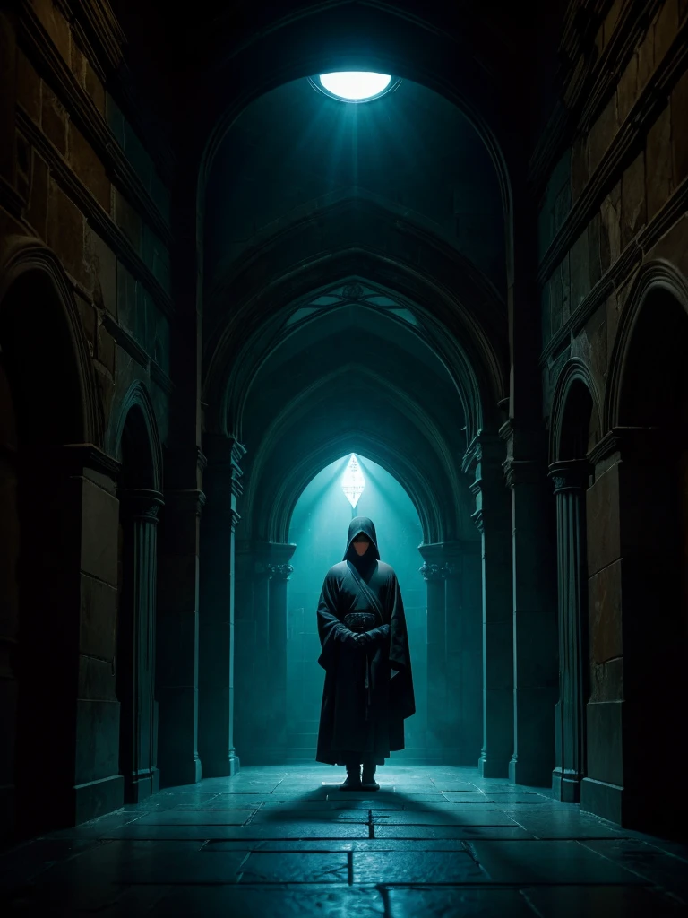 A solitary hooded figure in a long, flowing robe standing at the center of a dark, damp underground corridor. The scene is illuminated by an ethereal turquoise light from above, creating a halo around the figure. The environment is mysterious and supernatural, with ancient stone walls and gothic arches visible in the shadows. Water on the floor softly reflects the light, adding depth to the scene.