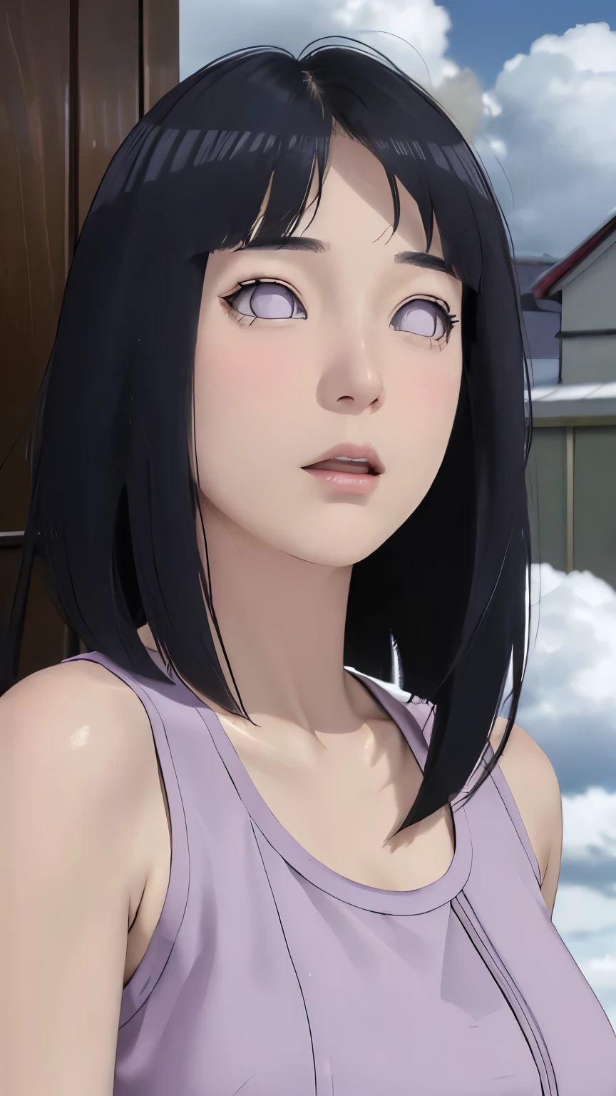 masterpiece、Hinata（bolt）、1 female、solo、Mature beautiful woman、Tank top、Sweat、scenery、Cloudy、Perfect composition、detailedな唇、Large Breasts、Beautiful Face、Body Proportions、blush、（Pink Lips）、Long Hair、Purple Eyes、Hollow Eyes、Open your mouth a little、Hot skin、Ultra-realistic、detailed、photo shoot、Realistic face and body、Realistic Hair、Realistic eyes、Realistic nose、Realistic lips