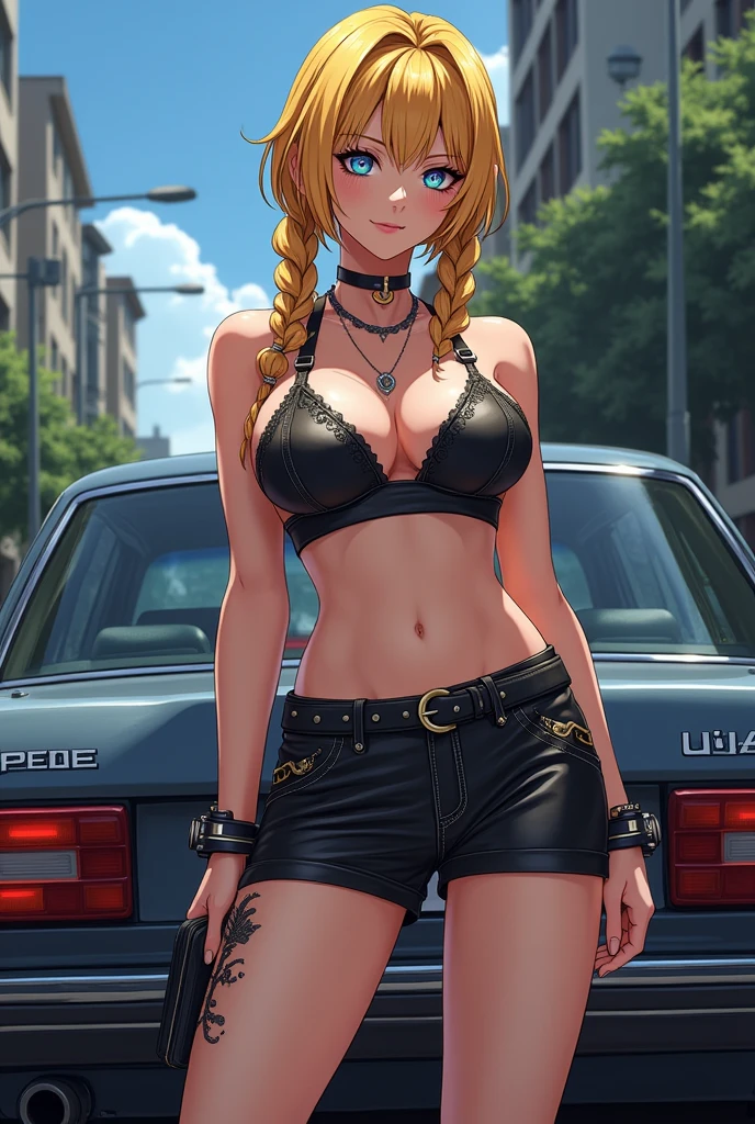 Young woman in handcuffs, anime, blonde, braids, bright makeup, leather mini skirt, leather bra, decorations, stilettos, detention,near the car, full length