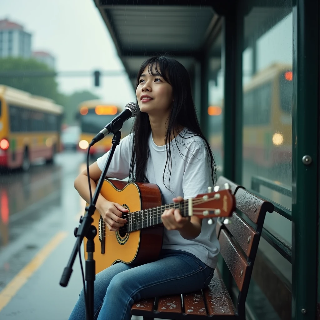 Candid, outdoor photograph featuring a young asian girl , singing with microphone and playing guitar sitting on a bench at a bus stop in the rain. The background in Jakarta, soedirman street. Shot on Leica M3 135mm f1.8 len, Inspired by Li Di. The layout is centered, with the subject occupying the middle of the frame. She has long, wet hair, a fair complexion, wearing a white t-shirt and jeans pants. The background shows a blurred view of buses and a rainy street, with water droplets visible on the bench and ground. The overall mood is somber and reflective, enhanced by the overcast weather and wet environment.