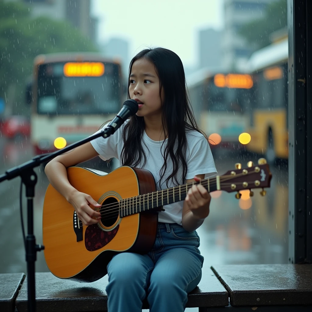 Candid, outdoor photograph featuring a young asian girl , singing with microphone and playing guitar sitting on a bench at a bus stop in the rain. The background in Jakarta, soedirman street. Shot on Leica M3 135mm f1.8 len, Inspired by Li Di. The layout is centered, with the subject occupying the middle of the frame. She has long, wet hair, a fair complexion, wearing a white t-shirt and jeans pants. The background shows a blurred view of buses and a rainy street, with water droplets visible on the bench and ground. The overall mood is somber and reflective, enhanced by the overcast weather and wet environment.