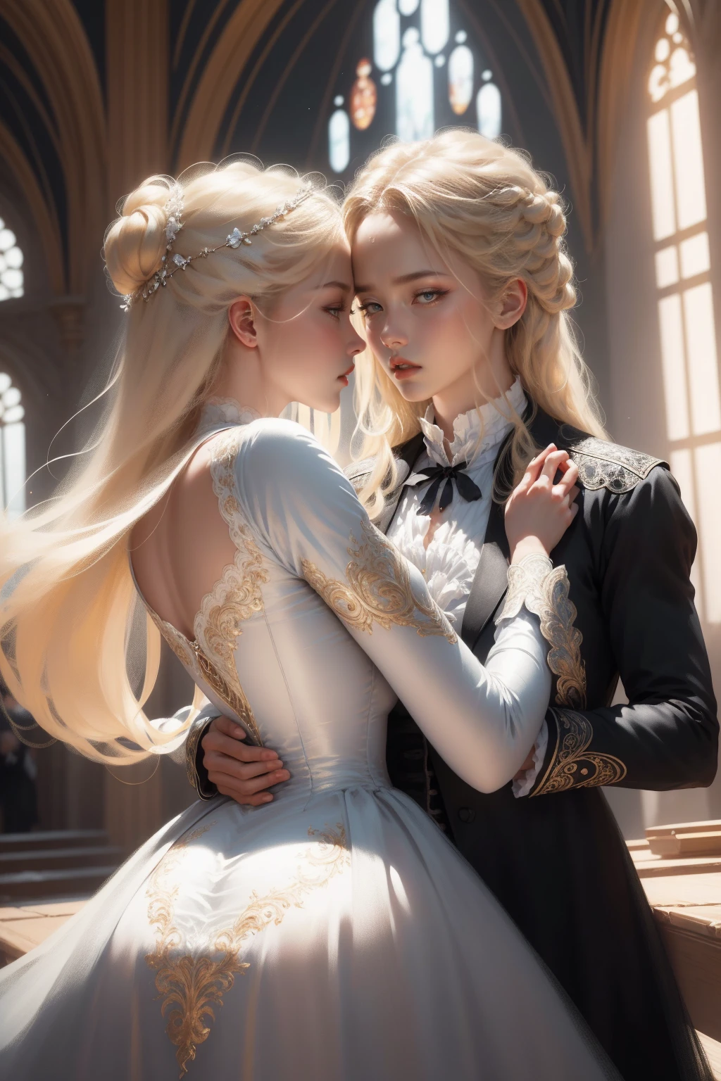 (Masterpiece - Ultra-detailed, very high resolution) Prepare to be enchanted by a true masterpiece that combines ultra-detailed art with high-resolution rendering. This work depicts a mesmerizing woman with very long blond hair (1.3) and captivating light blue eyes (1.2), emanating an aura of elegance and mystery in Victorian settings. The intricate details and realistic textures invite you to explore every aspect of this enchanting composition. Woman wearing beautiful classic Victorian costume from the year 1878. Red lips. Happy face. Smiling. (white dress). Dancing lightly, upper body, dynamic poses. Get ready to dive into a world where beauty and craftsmanship merge perfectly. kissing a man.