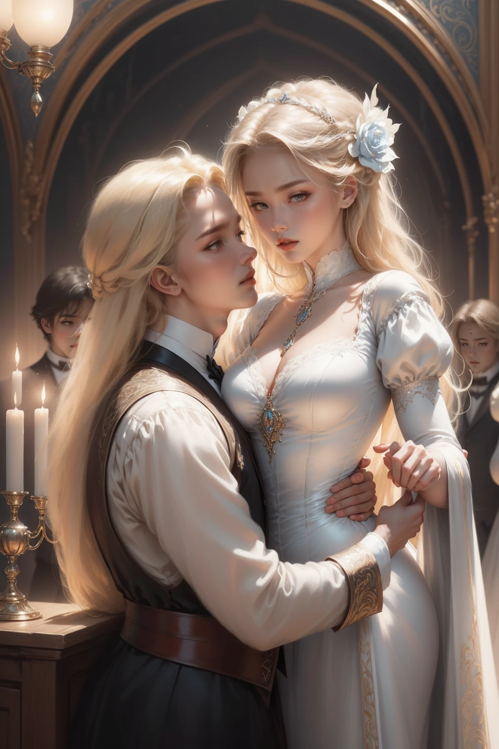 (Masterpiece - Ultra-detailed, very high resolution) Prepare to be enchanted by a true masterpiece that combines ultra-detailed art with high-resolution rendering. This work depicts a mesmerizing woman with very long blond hair (1.3) and captivating light blue eyes (1.2), emanating an aura of elegance and mystery in Victorian settings. The intricate details and realistic textures invite you to explore every aspect of this enchanting composition. Woman wearing beautiful classic Victorian costume from the year 1878. Red lips. Happy face. Smiling. (white dress). Dancing lightly, upper body, dynamic poses. Get ready to dive into a world where beauty and craftsmanship merge perfectly. kissing a man.
