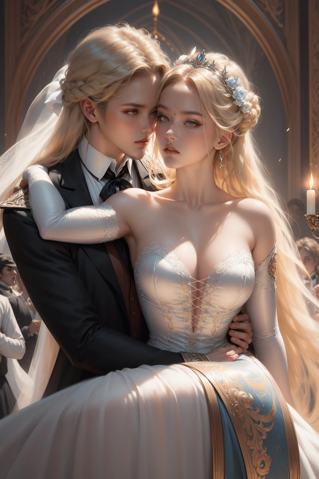 (Masterpiece - Ultra-detailed, very high resolution) Prepare to be enchanted by a true masterpiece that combines ultra-detailed art with high-resolution rendering. This work depicts a mesmerizing woman with very long blond hair (1.3) and captivating light blue eyes (1.2), emanating an aura of elegance and mystery in Victorian settings. The intricate details and realistic textures invite you to explore every aspect of this enchanting composition. Woman wearing beautiful classic Victorian costume from the year 1878. Red lips. Happy face. Smiling. (white dress). Dancing lightly, upper body, dynamic poses. Get ready to dive into a world where beauty and craftsmanship merge perfectly. kissing a man.