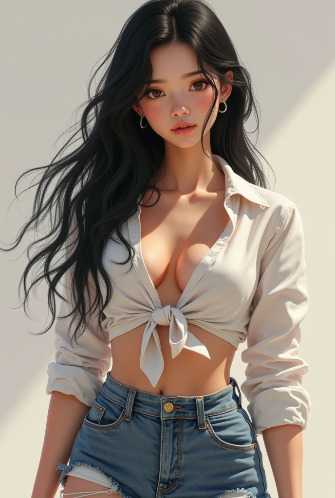 A girl with long black hair, honey-colored eyes, jeans and a white blouse with a low neckline to the waist and black flip-flops with white socks