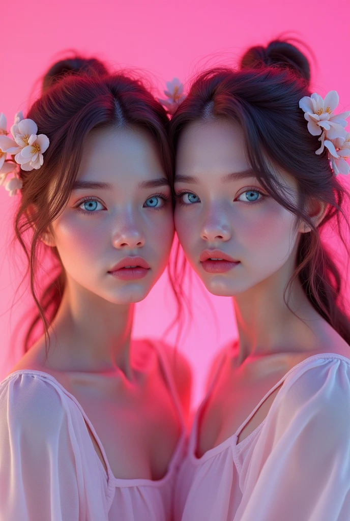 Create an image of pretty young adult twins with blue eyes and an angelic look and a neon pink background, both with flowers in their hair