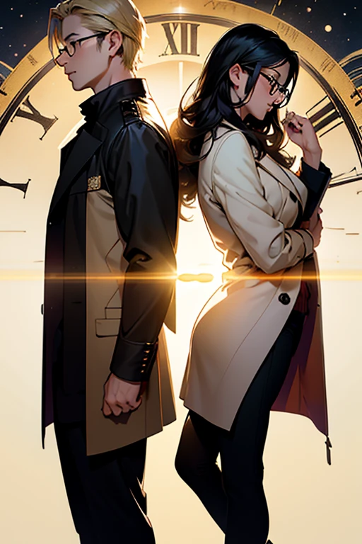 Romance book cover, with the name Flow of time Silhouette of a young adult couple Tall blond boy, wears glasses girl has long black hair and she wears glasses Background with universe depicting time