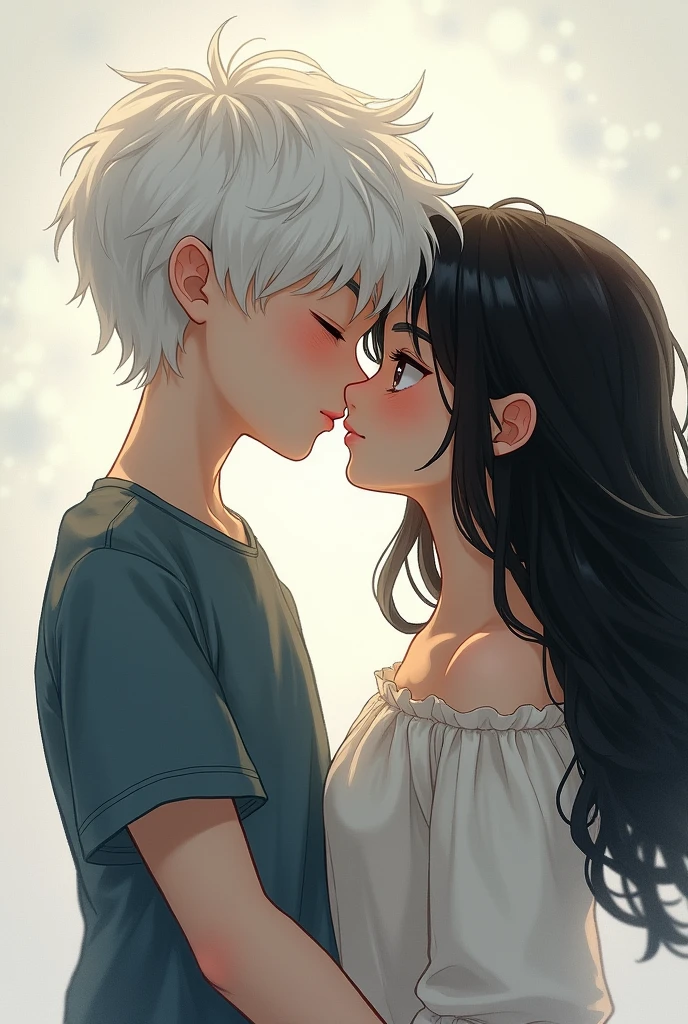 White haired boy cut something messy with blue eyes and white skin giving a kiss to a girl with long fluffy black hair and brown eyes 