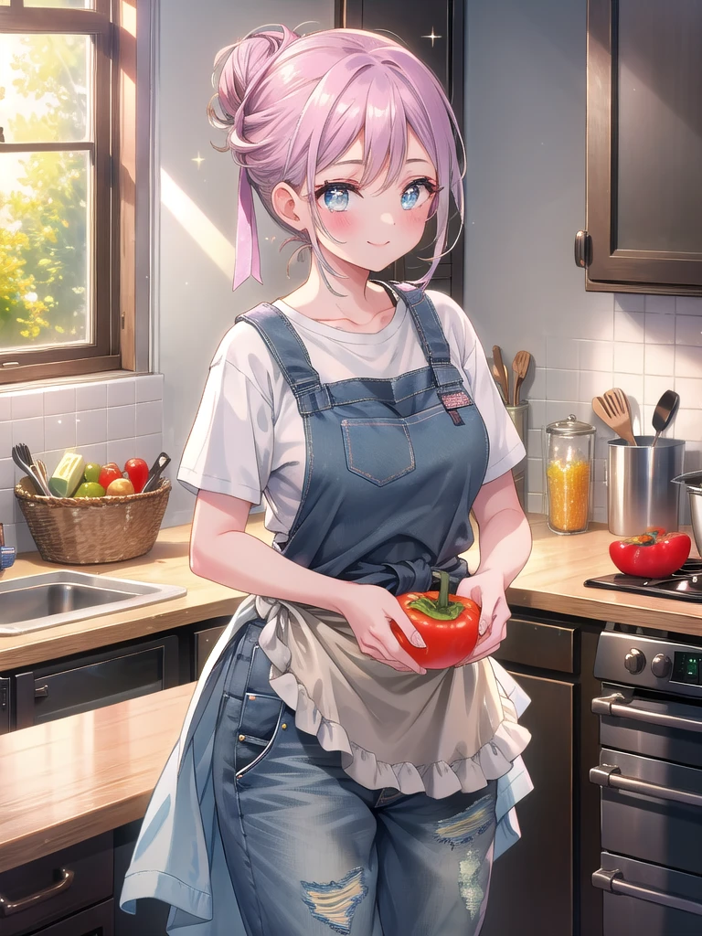 ((8k, Highest quality, masterpiece: 1.3)),Ultra-high resolution,(1 girl, alone), (Color changing eyes, Ultra-detailed, Expressive brilliance, Glitter, Glowing Eyes), Highly detailed eyes, Highly detailed face, Random Hair, ((pastel colour))Cooking Together in the Kitchen
The woman is standing at the kitchen counter, chopping vegetables for dinner. She’s wearing a casual grey t-shirt tucked into high-waisted jeans, with an apron tied around her waist. Her hair is pulled back into a messy bun, and she glances at the camera with a focused yet affectionate smile, as if enjoying the shared moment. The kitchen is warm and inviting, with the aroma of food filling the air, adding to the cozy domestic setting.