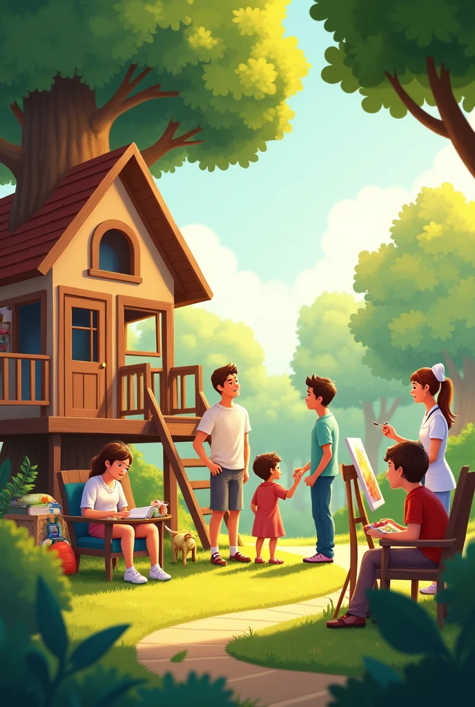 A vibrant outdoor scene features a father standing next to a large treehouse he has just built. His young son is excitedly pointing up at it. Nearby, an artist is sitting at an easel, drawing a picture for a  who is watching closely. In another part of the scene, a nurse is gently giving medicine to a patient who is sitting in a chair. In the background, a librarian is offering books to a group of children who are sitting in a cozy reading corner filled with cushions and bookshelves. The setting is warm and sunny, with lush greenery and a peaceful atmosphere.