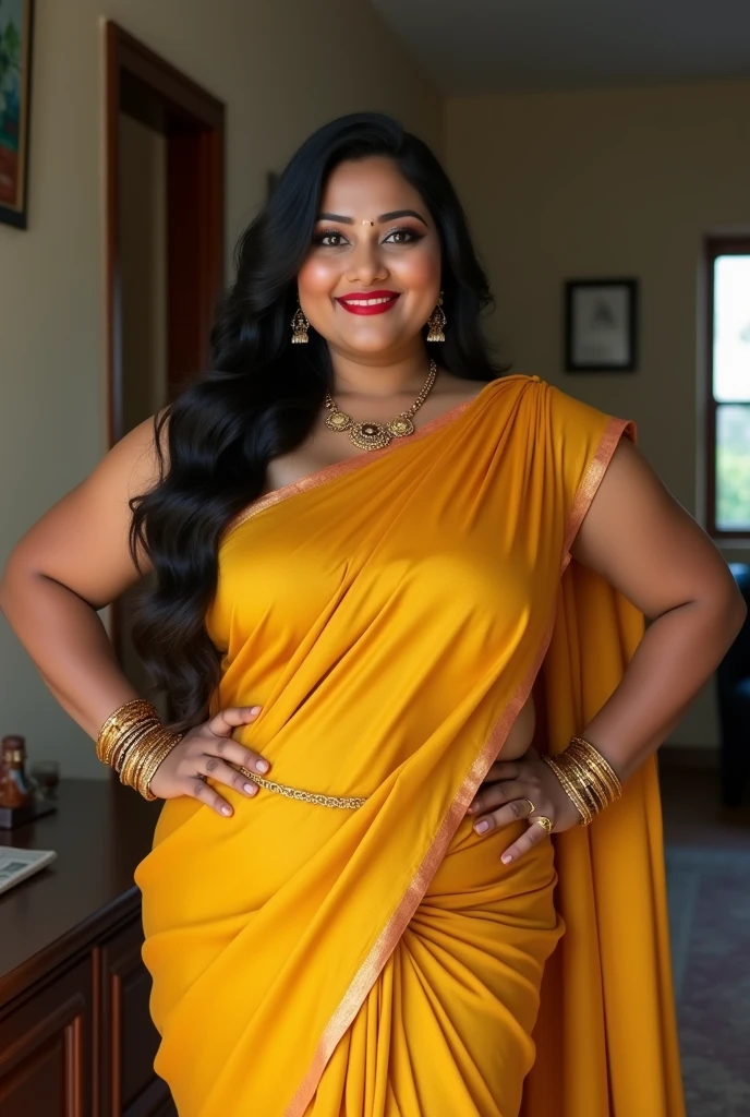 Indian woman((30year old)), eyeing eyes, brown eyes, (((wearing yellow saree, seductive saree))), (((wearing necklace, bangles, thin waist chain))), (((rearing's))), looking at viewer, standing in the room, in the house, beautiful sexy body, curvy, chubby skin, smiling, red lips, eyeshadow, gold ornament, alluring body, ((good proportion)), seducing, realistic background, pose, black wavy hair, chubby women, front focus, 