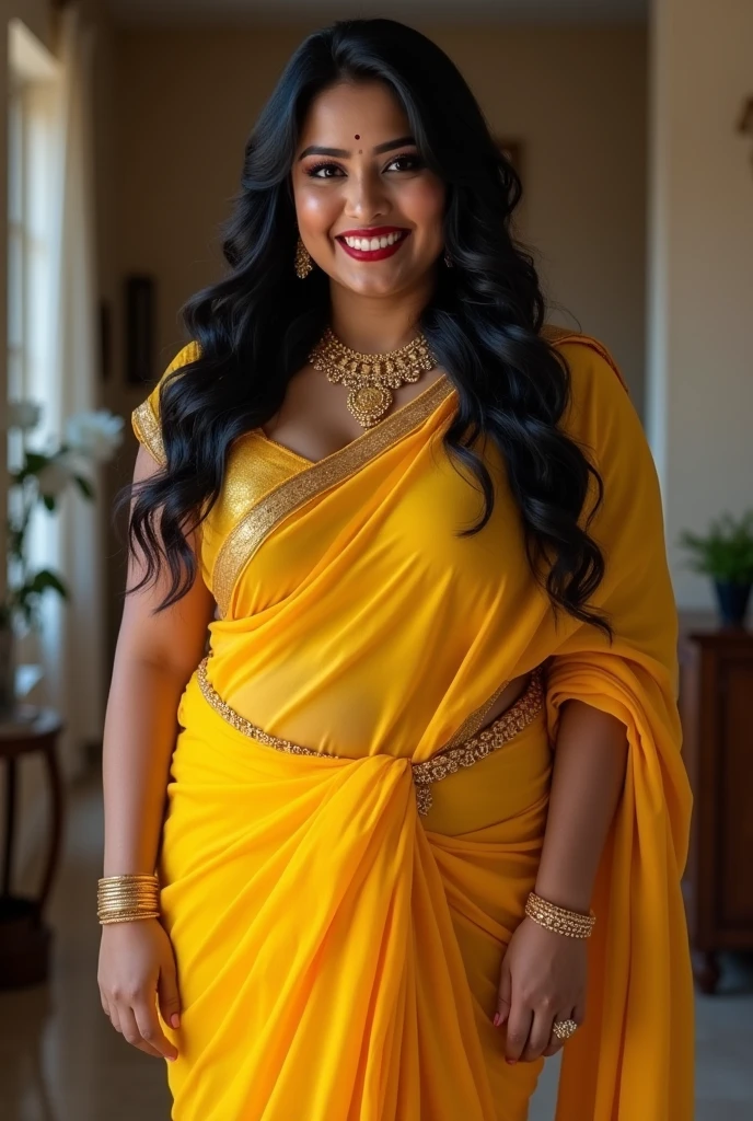 Indian woman((30year old)), eyeing eyes, brown eyes, (((wearing yellow saree, seductive saree))), (((wearing necklace, bangles, thin waist chain))), (((rearing's))), looking at viewer, standing in the room, in the house, beautiful sexy body, curvy, chubby skin, smiling, red lips, eyeshadow, gold ornament, alluring body, ((good proportion)), seducing, realistic background, pose, black wavy hair, chubby women, front focus,