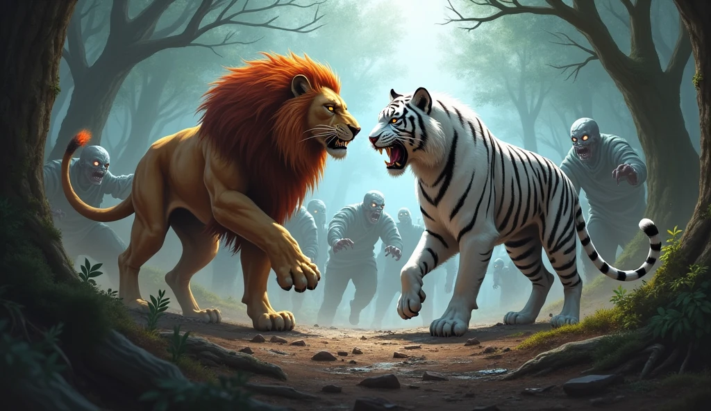 Tiger fighting a lion, human skull with mushrooms on the floor. Baroque background 