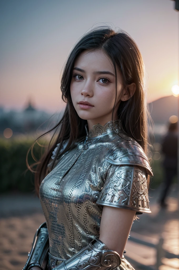 (masterpiece), (extremely intricate:1.3), (realistic), portrait of a girl, the most beautiful in the world, (medieval armor), metal reflections, upper body, outdoors, intense sunlight, far away castle, professional photograph of a stunning woman detailed, sharp focus, dramatic, award winning, cinematic lighting, octane render unreal engine, volumetrics dtx, (film grain, blurry background, blurry foreground, bokeh, depth of field, sunset, motion blur:1.3), chainmail