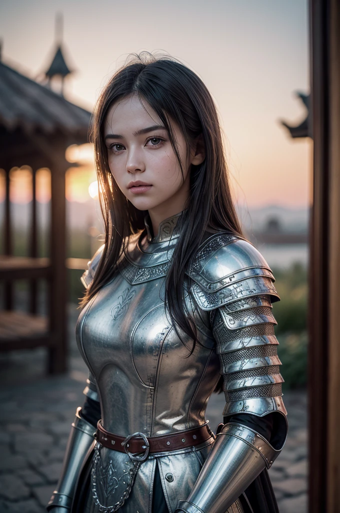 a girl wearing a bikini armor,Navel,The abdomen is completely exposed,Reveals sexy lower abdomen,cowboy-shot,extremely detailed face and eyes,beautiful detailed face,detailed facial features,long eyelashes,beautiful lips,wavy hair,intricate armor design,shiny metal armor,complex sci-fi armor,futuristic cyberpunk style,dynamic pose,dramatic lighting,vibrant colors,cinematic composition,photorealistic,8K,high quality,masterpiece