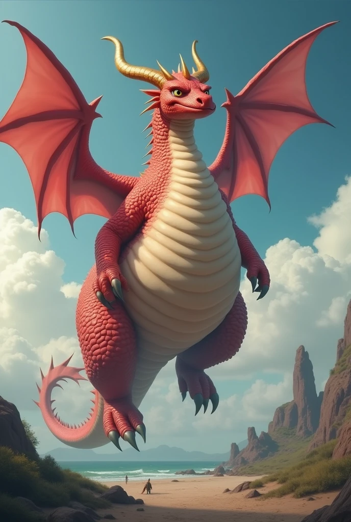 He is a red dragon, Cool, It has golden horns, Wings with hands, The world&#39;s most super tall and extremely obese dragon, So that the boat touches the ground, Its size is larger than a planet., It has wings and uses various magic. It is fatter and its facial features are so thick that it is bigger than its face, and its belly is swollen like a balloon that is about to burst. The dragon uses various magics and its belly is swollen several times more than its size, making it distracting.!!! His belly is bigger than his body. His belly touches the ground and his body is long. He is 10 heads tall. He is alone. He is too fat. His belly is too big and his legs, arms, face and everything else look small compared to his belly fat. Make him fat and chubby.