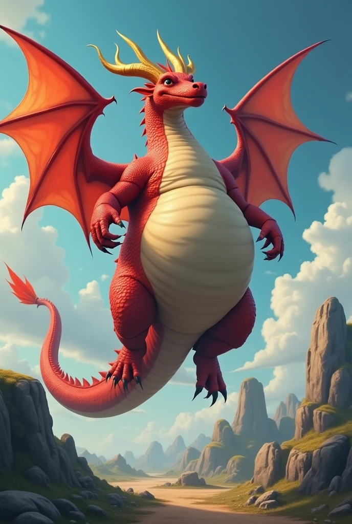 He is a red dragon,He has two arms and two legs and is cool., It has golden horns, Wings with hands, The world's most super tall and extremely obese dragon, So that the boat touches the ground,, It has wings and its facial features are so thick that it is bigger than its face, fat and huge, and its belly is swollen like a balloon that looks like a mountain that could burst. It is swollen several times more than its size and is distracting.!!! His belly touches the ground and his body is long. He is 10 heads tall. He is alone. He is too fat. His belly is too big and his legs, arms, face, and everything else look small compared to his belly fat. Make him bigger and fatter. He is in the sky and flying in the sky.