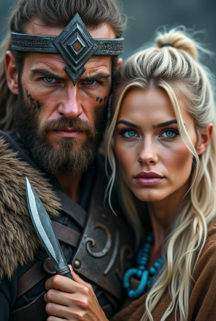 Close up of nordic warrior with small sword in hand, blonder woman, sword next to the face, large head ornament , blue neck necklace, tattoo in face