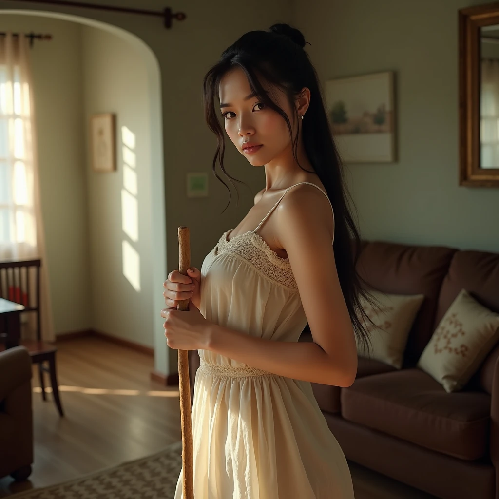 a beautiful indonesian woman, tied hair, huge breasted, wearing sheer housedress, cleaning the house, holding broom in the living room, look at the viewer, natural light, realistic photography, wide angle shot, detailed facial features, intricate clothing folds, soft lighting, warm color tone, bathroom, photorealistic, cinematic composition, high quality, 8k, masterpiece