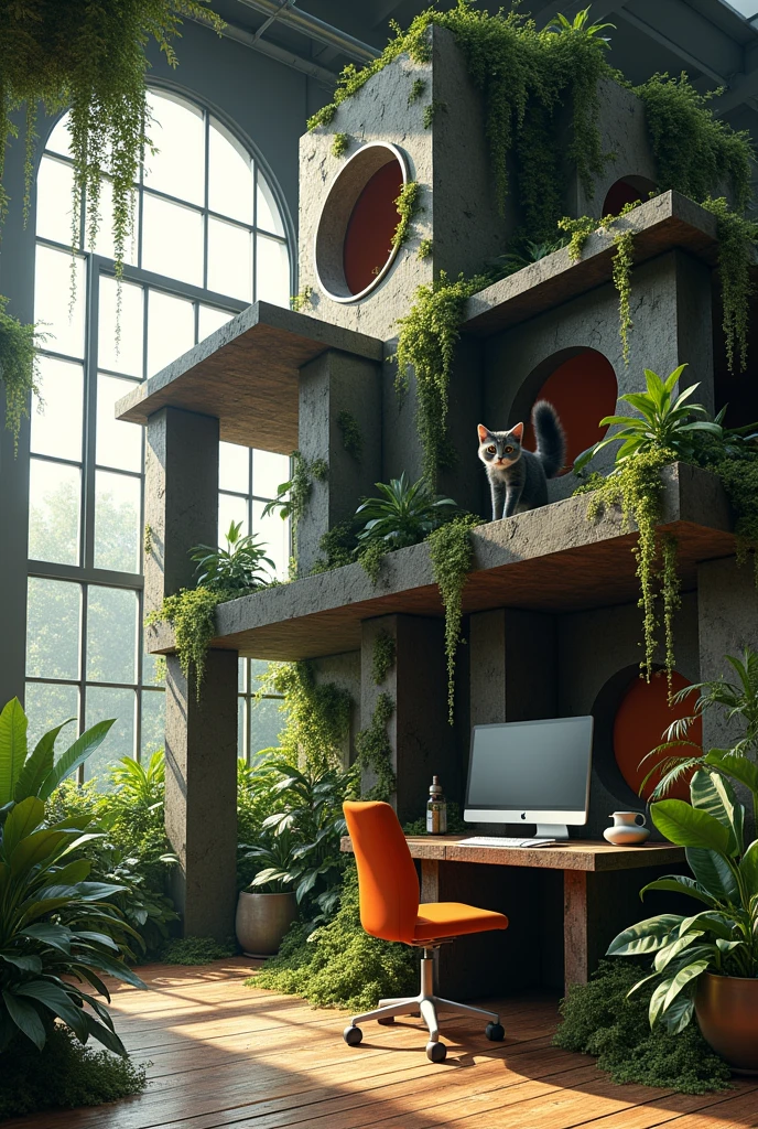 make a brutalist cat house and cat bed with cat food bowl
full of lush, hanging vines and moss
make a lot of different shape
big industrial window
make some windows circle
bed is hanging on vines
add fern
add a computer desk
a cat, cat bed, and cat house