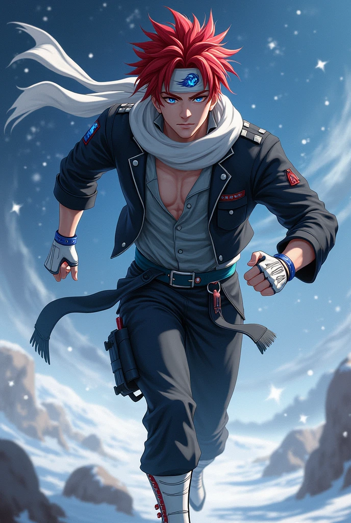 just 1 realistic young man, super handsome man with seductive eyes, looking like the angel lucifer, wonderful eyes, red hair with a hairstyle similar to that of the character Sasuke, but wearing a white bandana on his head, with the symbol of a blue wing, very blue eyes, like the sky extremely clear, Asian, wears a beautiful short black jacket with cyan blue details, gray blouse, with a huge scarf tied around his neck, that crawls to the ground, black pants (with one side of the pants being slightly raised), in military form and white military boots, with red details, além de luvas brancas with red details sem dedos de material como couro, and a punk belt under the shirt. Make him look at the starry sky and the snow, running fast, with the scarf in the wind.