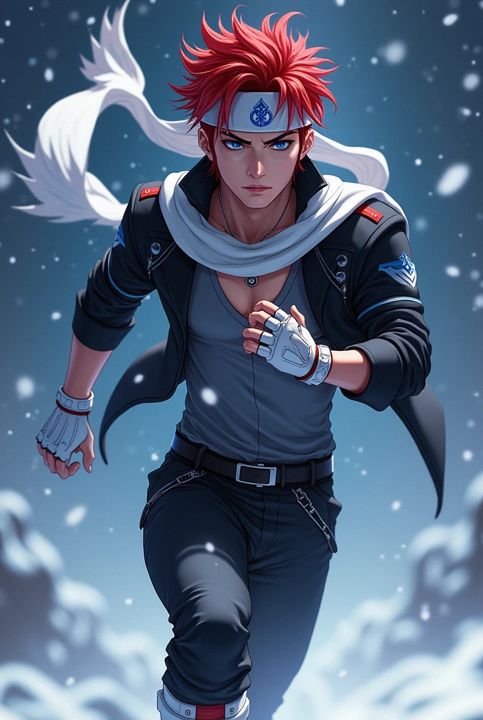 just 1 realistic young man, super handsome man with seductive eyes, looking like the angel lucifer, wonderful eyes, red hair with a hairstyle similar to that of the character Sasuke, but wearing a white bandana on his head, with the symbol of a blue wing, very blue eyes, like the sky extremely clear, Asian, wears a beautiful short black jacket with cyan blue details, gray blouse, with a huge scarf tied around his neck, that crawls to the ground, black pants (with one side of the pants being slightly raised), in military form and white military boots, with red details, além de luvas brancas with red details sem dedos de material como couro, and a punk belt under the shirt. Make him look at the starry sky and the snow, running fast, with the scarf in the wind.
