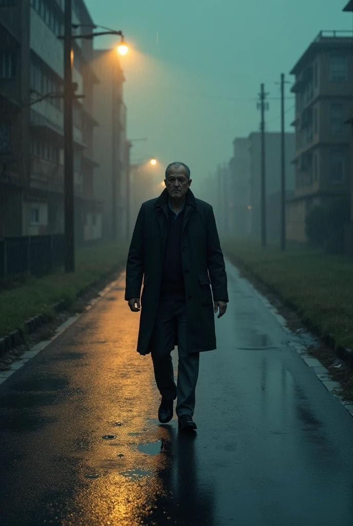 A man walking on road on rain evenings