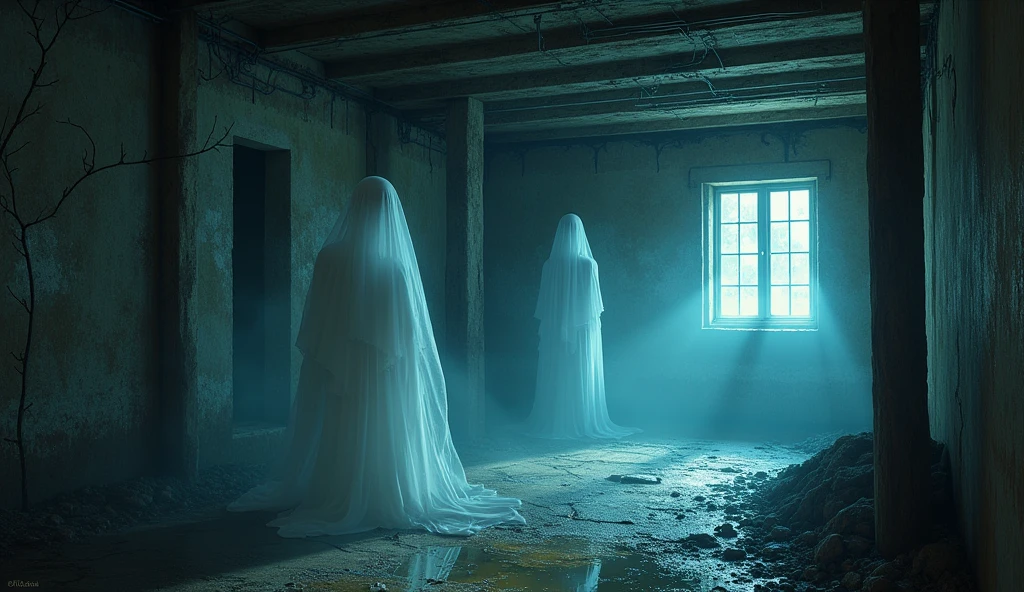 make an illustration of a haunted house basement, spirits inhabit and the supernatural has taken over, make it with an ultra-realistic tone, rich in details
