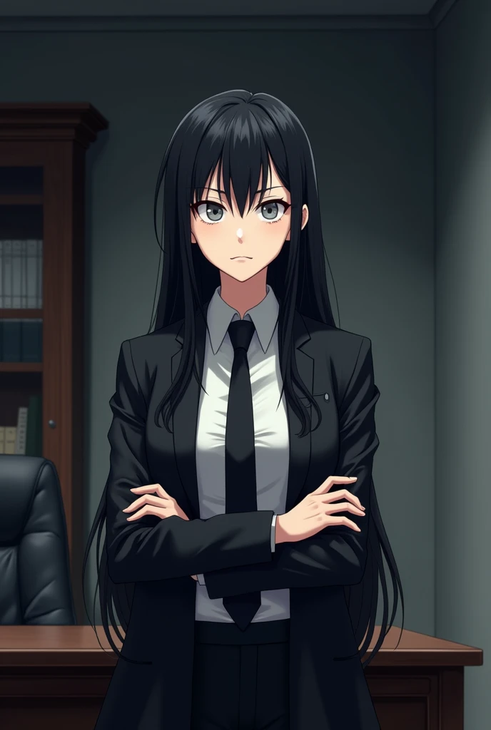 Create the following image: The image shows a young black-haired woman, light grey eyes and white skin. She is standing next to a table with her arms crossed and a serious expression on her face.. Wear a white long-sleeved blouse, a black tie, black pants and a black jacket. The background is a dark office, and his eyes stand out in the darkness. anime style