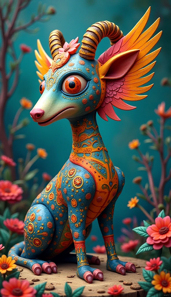 "Create an illustration of an imaginary animal alebrije formed from the mixture of several animals that can belong to any animal kingdom. They combine in a single being, physiognomic elements of various animals, both real and imaginary,