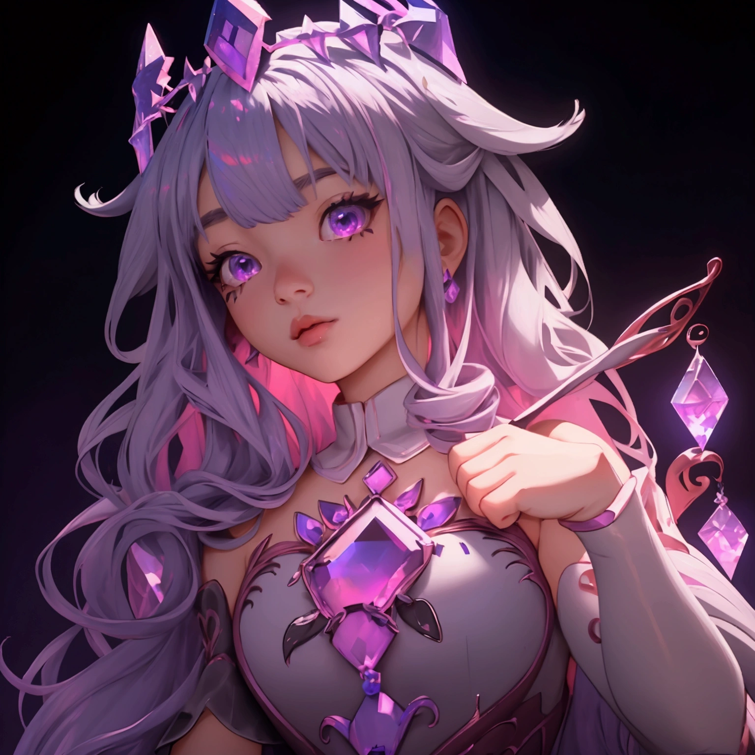 envision a 8k, highres, cinematic, close up beautiful portrait of a short girl named Koseki Bijou with long pinkish gray hair, a jeweled crown, purple eyes, wearing a white dress with magic attachments and bright colorful crystal armor plates against a dark background