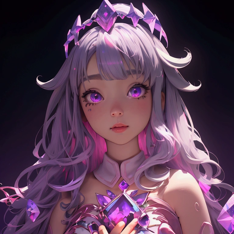 envision a 8k, highres, cinematic, close up beautiful portrait of a short girl named Koseki Bijou with long pinkish gray hair, a jeweled crown, purple eyes, wearing a white dress with magic attachments and bright colorful crystal armor plates against a dark background