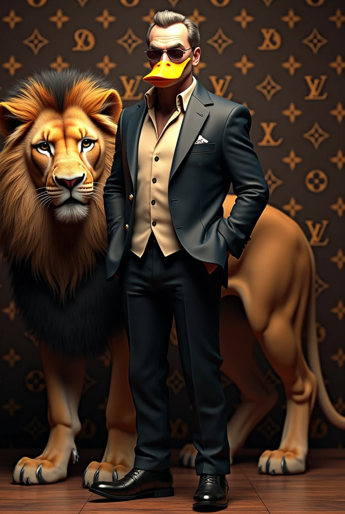 Dagobert duck in suit with a lion and louis Vuitton Monogram Background 
