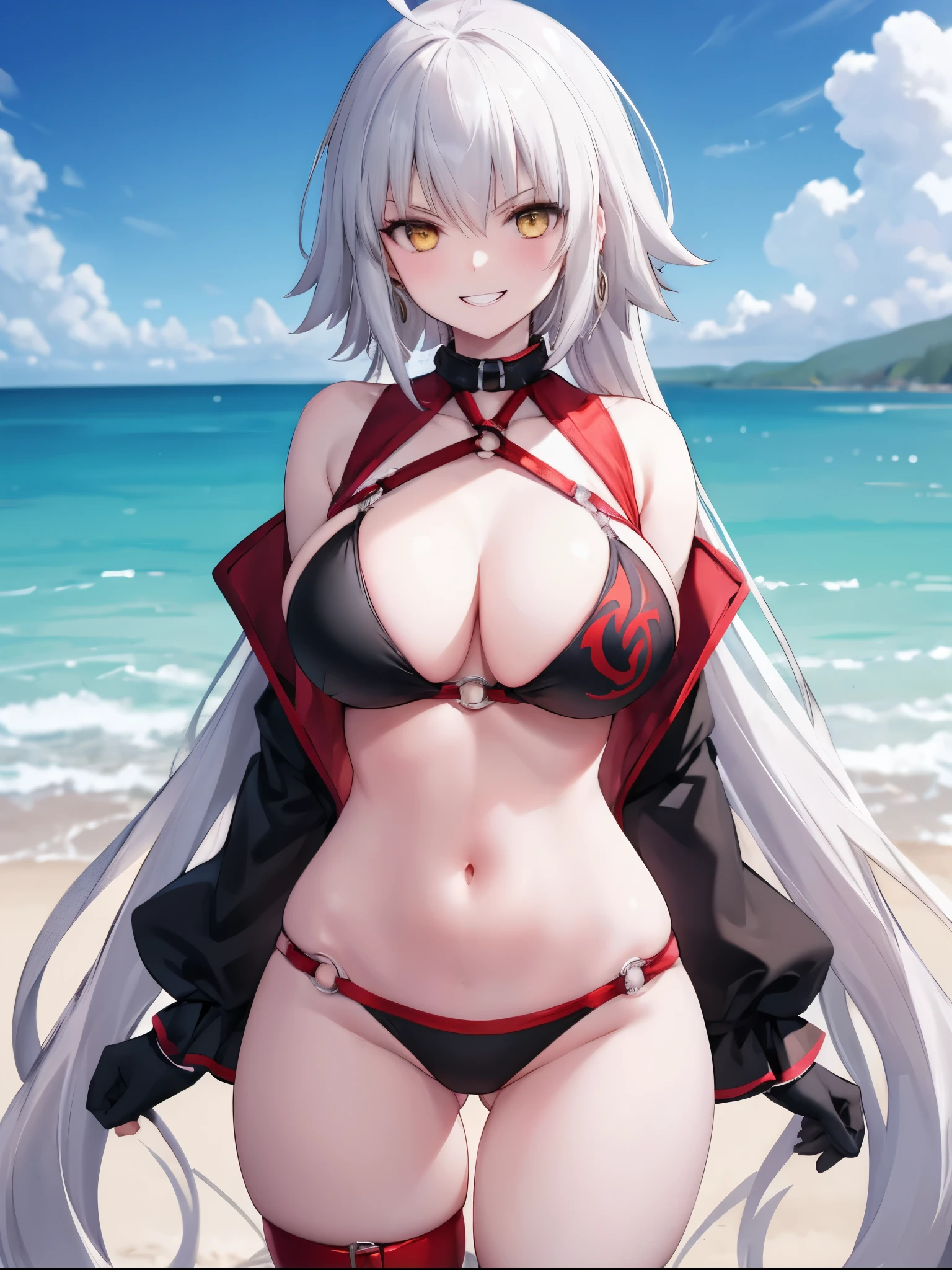 masterpiece, best quality, 1girl, , silver hair, ahoge, gold eyes, shaggy_long_hair,, gigantic_breasts, , blue sky_beach_landscape,covered_groin,covered_nipples,solo,young_,,open_legs,,crotch_armor,cowboy_shot,crotch, asymmetrical legwear, long hair, bikini, black bikini, black gloves, gloves, long sleeves, navel, o-ring, o-ring bikini, o-ring bottom, o-ring top, puffy long sleeves, puffy sleeves, red legwear, single thighhigh, swimsuit, thigh strap, thighhighs, uneven legwear,smile,grin,angry,glare,dynamic_standing,jeanne D'arc alter,