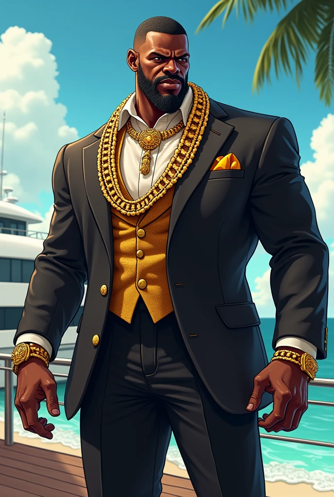 Billionaire brown skin man with gold chains and money standing on a yacht or beach with a savage look on his face in a nice suit Cartoon/ gaming style 